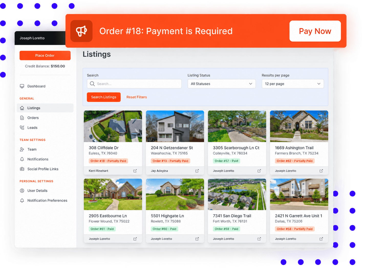 Example client portal showing listings, bookings and payment management